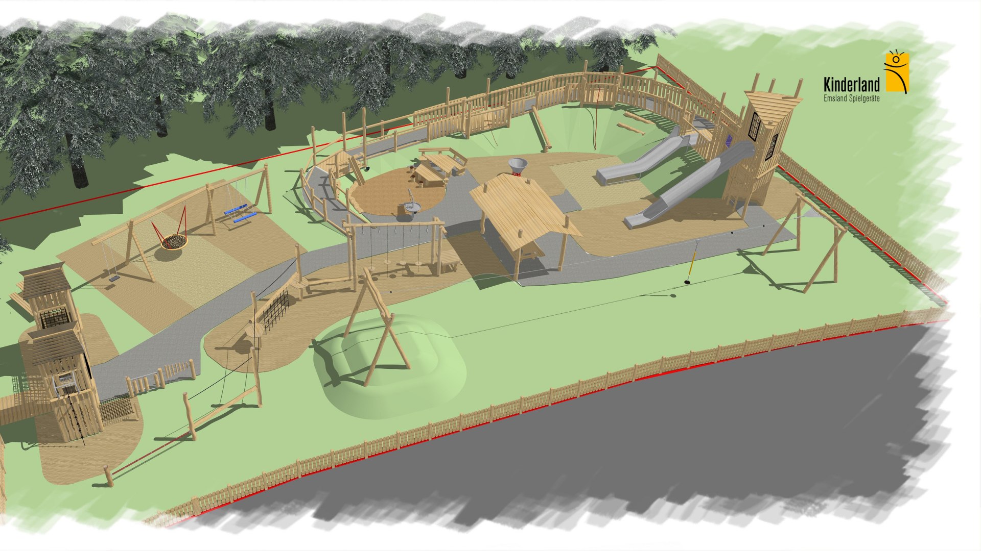 Grafik mit Ansicht des neuen Spielplatzes in Vogelperspektive, © Kinderland Emsland Spielgeräte