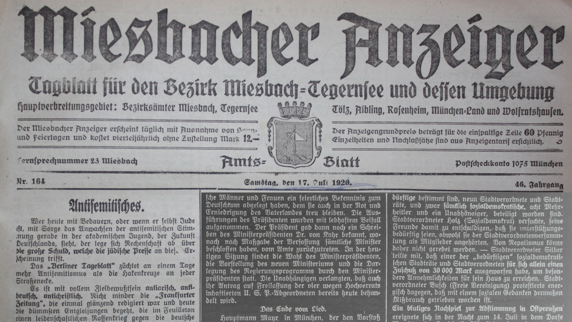 Miesbacher Anzeiger vom 17. Juli 1920 mit dem Artikel „Antisemitisches“ von Ludwig Thoma, © Heimatmuseum Miesbach