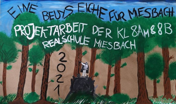 Gemaltes Bild der Klassen 8 am und 8 b der Realschule Miesbach zur Beuys Eiche, © Isabella Krobisch