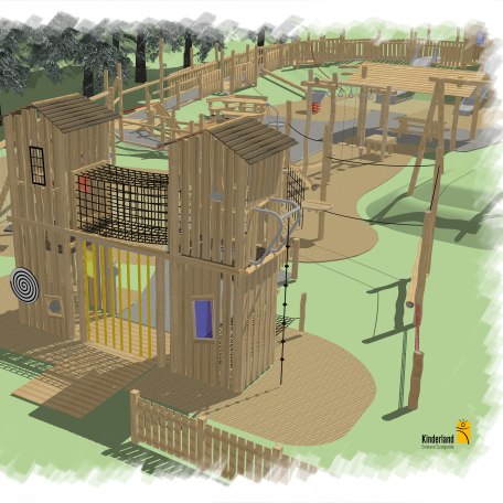 Eine Grafik über den Spielplatz von der Ansicht des Turms, © Kinderland Emsland Spielgeräte